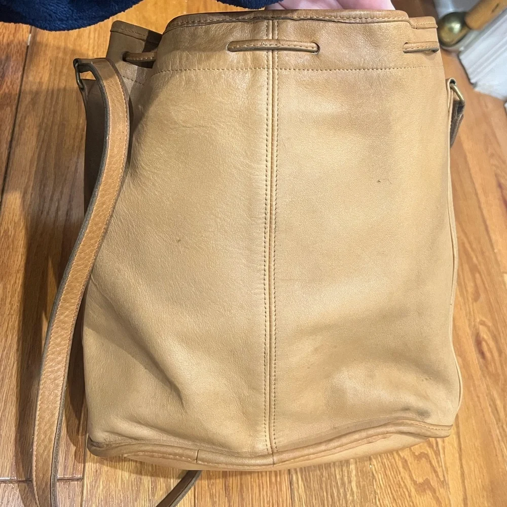 Coach Leather Drawstring Bucket Backpack in Tan